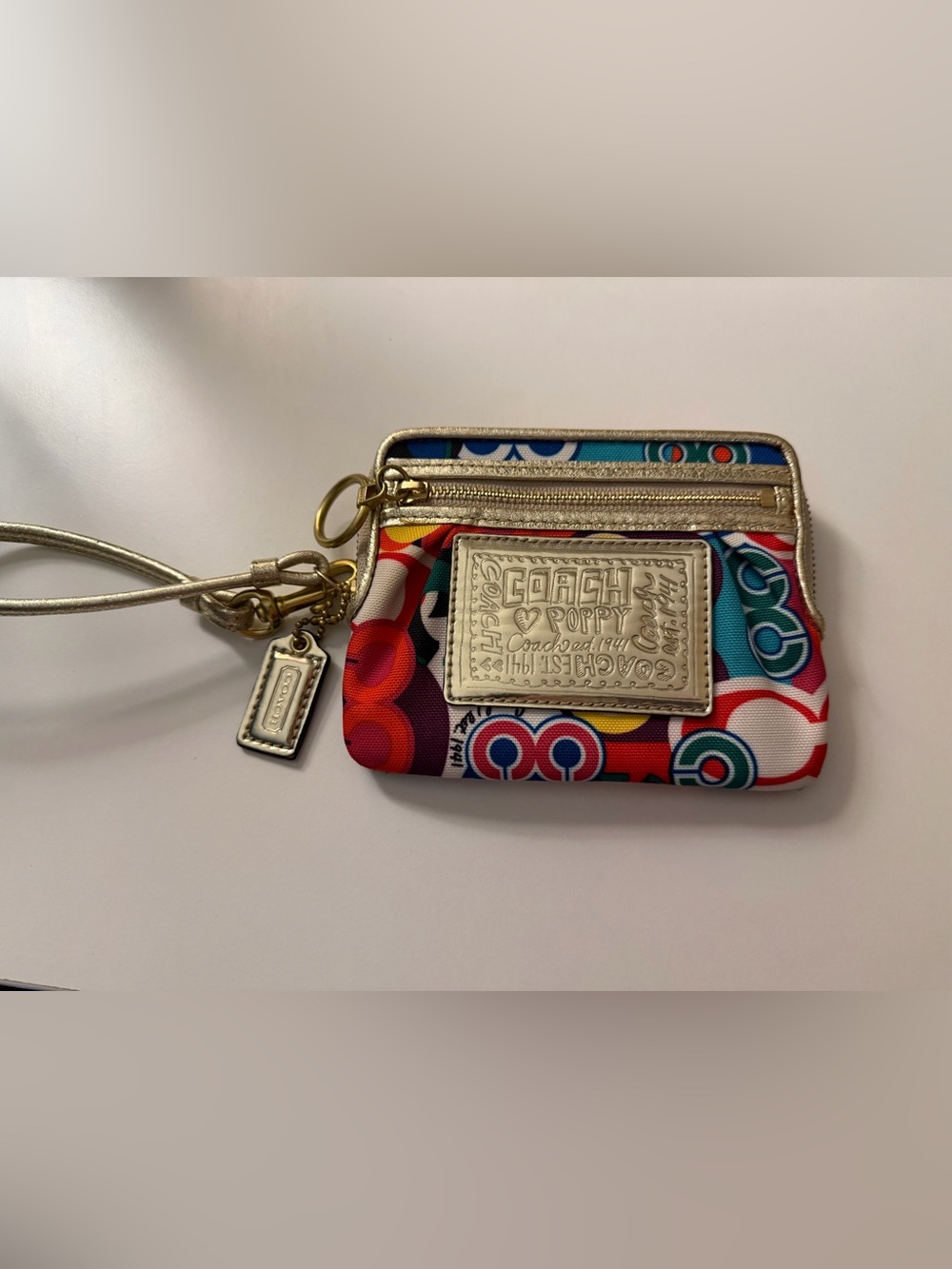 Coach Poppy Multicolor Pop Art Signature Wristlet with Gold Plaque